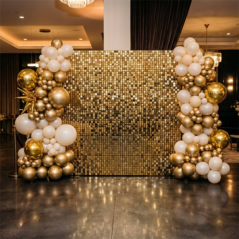 8Ft Shimmer Wall Backdrop With Freestanding Garlands (Gold) Decor & Rentals